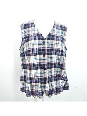 Vintage Versailles New York Navy White Plaid Linen Cotton Preppy Vest Women 14T